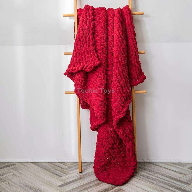 Handmade Thick Wool Knitted Blanket Sofa Chenille Stick Knitted Blanket, Size: 130 x 160 CM(Scarlet)