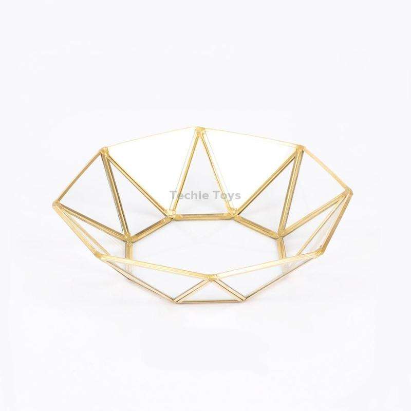 Glass Storage Tray Golden Retro Polygon Mirror Tray Brass Desktop Cosmetics Storage Tray Octagonal P
