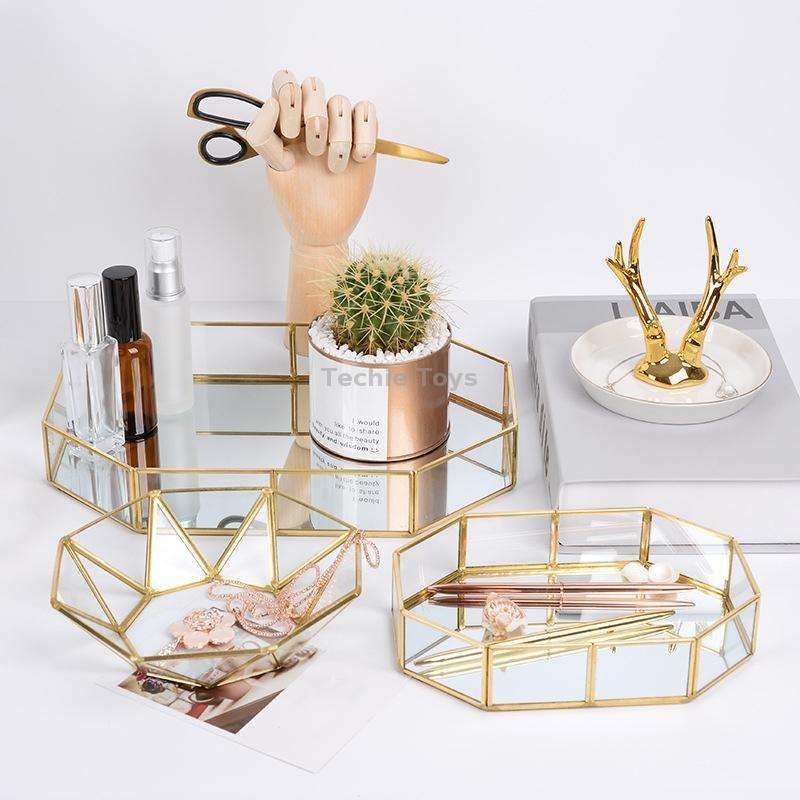 Glass Storage Tray Golden Retro Polygon Mirror Tray Brass Desktop Cosmetics Storage Tray Octagonal P