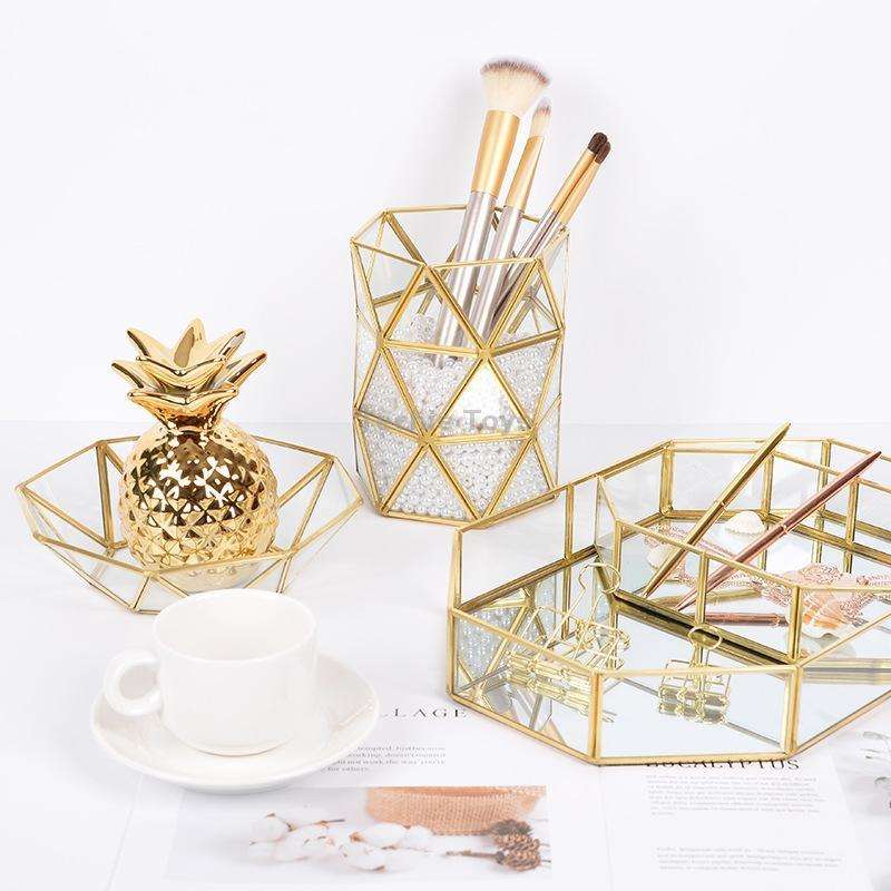 Glass Storage Tray Golden Retro Polygon Mirror Tray Brass Desktop Cosmetics Storage Tray Octagonal P
