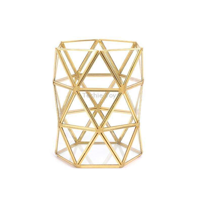 Glass Storage Tray Golden Retro Polygon Mirror Tray Brass Desktop Cosmetics Storage Tray Beauty Brus