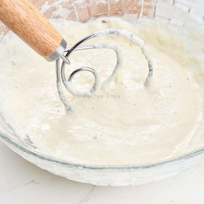 2 PCS 13 Inch Oak Handle Flour Mixer Dough Stainless Steel Mixing Rod Coil Whisk Double Circle Agita