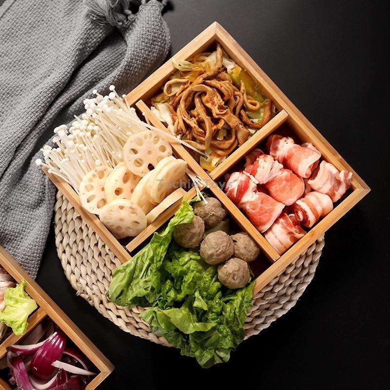 Hot Pot Bamboo Plate Compartmental Platter Vegetable Wood Tray Set Two Grid Plate