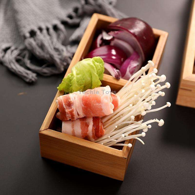 Hot Pot Bamboo Plate Compartmental Platter Vegetable Wood Tray Set Two Grid Plate