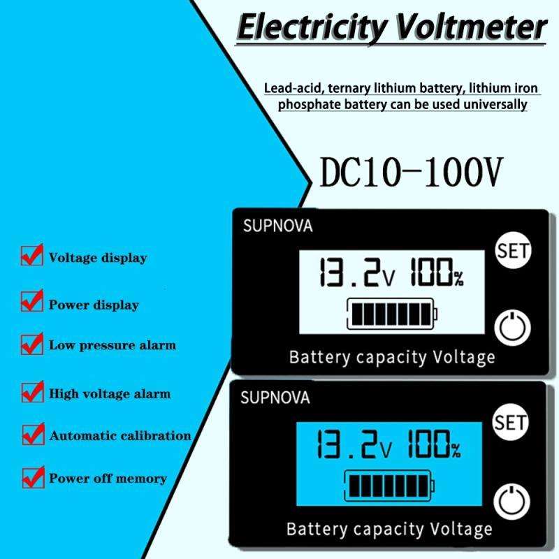 SUPNOVA DC 8-100V Battery Capacity Indicator Voltmeter Voltage Gauge,Style: White + Alarm + Temperat