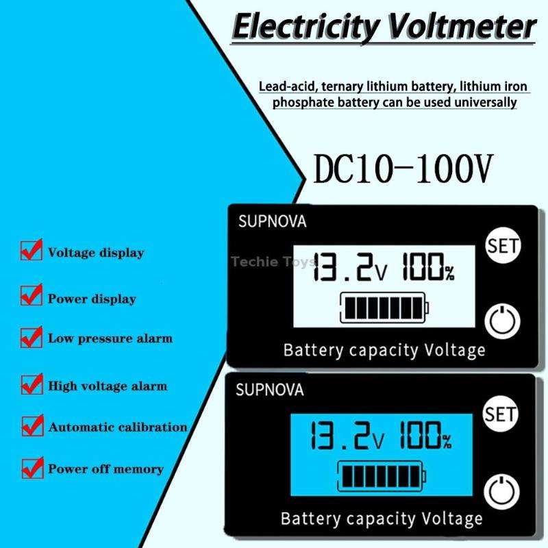 SUPNOVA DC 8-100V Battery Capacity Indicator Voltmeter Voltage Gauge,Style: Blue +Alarm + Temperatur