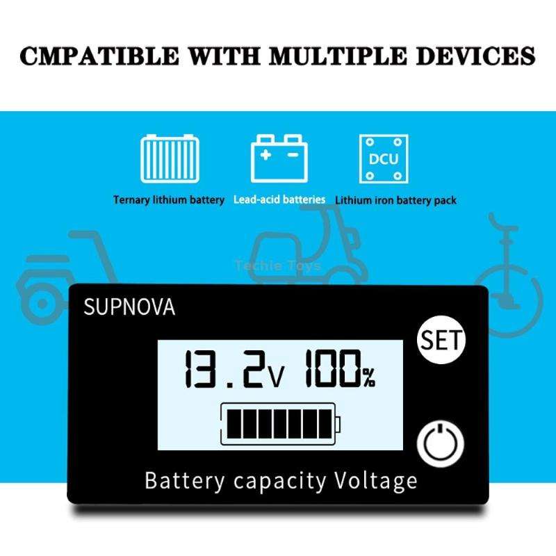 SUPNOVA DC 8-100V Battery Capacity Indicator Voltmeter Voltage Gauge,Style: Blue +Alarm + Temperatur