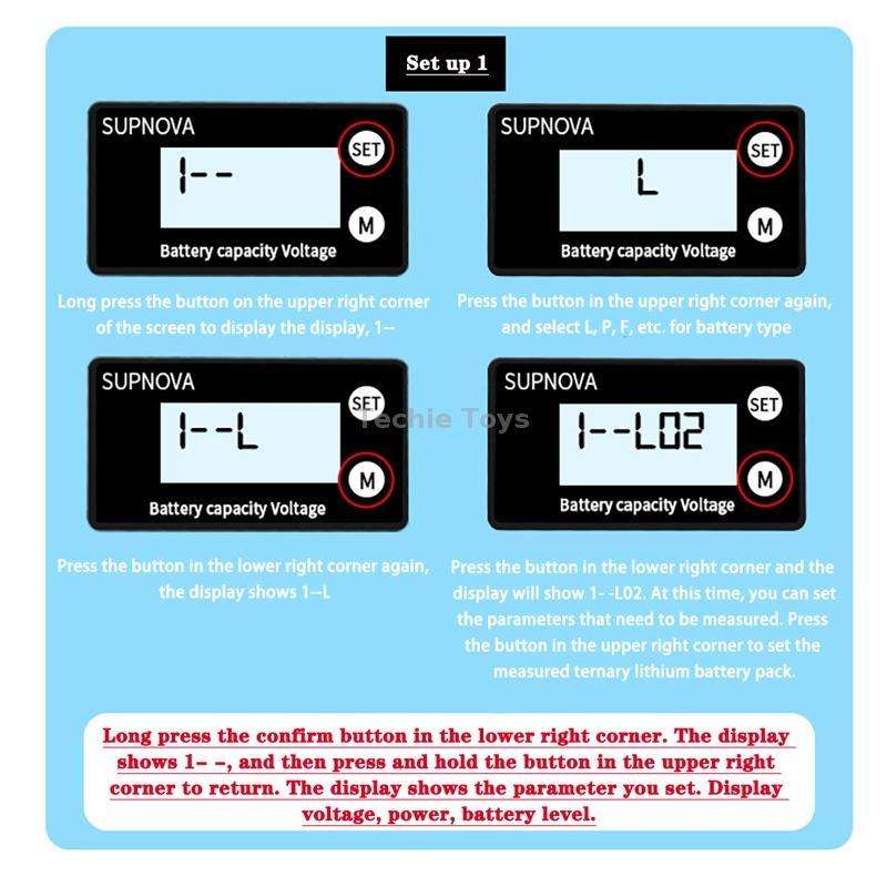 SUPNOVA DC 8-100V Battery Capacity Indicator Voltmeter Voltage Gauge,Style: Blue +Alarm + Temperatur