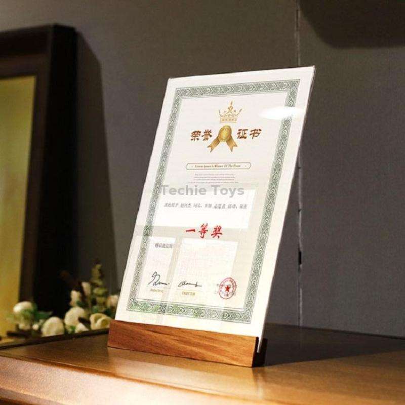 Transparent Acrylic Wooden Base Certificate Photo Frame Vertical Walnut