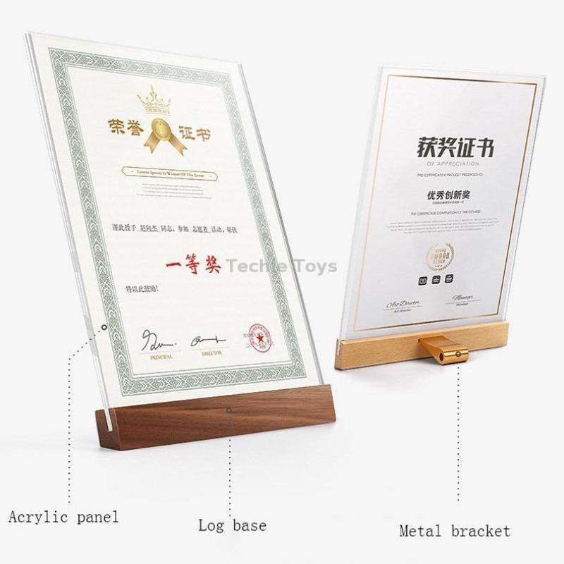 Transparent Acrylic Wooden Base Certificate Photo Frame Vertical Walnut