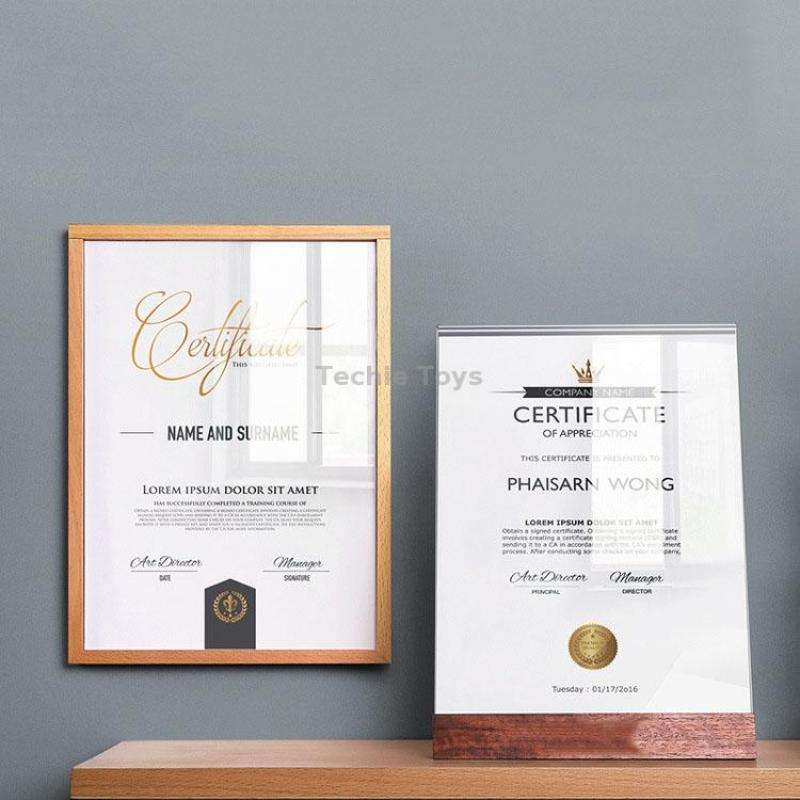 Transparent Acrylic Wooden Base Certificate Photo Frame Vertical Walnut