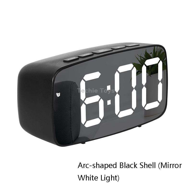 Mirror Bedside Alarm Clock Battery Plug-In Dual-Purpose LED Clock, Colour: Arc-shaped Black Shell (M