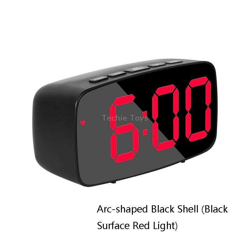 Mirror Bedside Alarm Clock Battery Plug-In Dual-Purpose LED Clock, Colour: Arc-shaped Black Shell (B