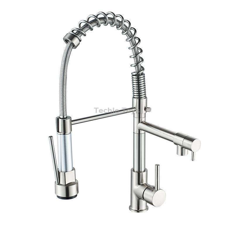 Copper And Nickel Brushed Double Outlet Spring Faucet Rotatable Kitchen Hot And Cold Water Faucet, S