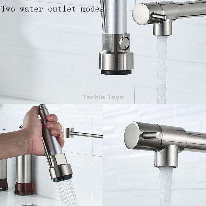 Copper And Nickel Brushed Double Outlet Spring Faucet Rotatable Kitchen Hot And Cold Water Faucet, S