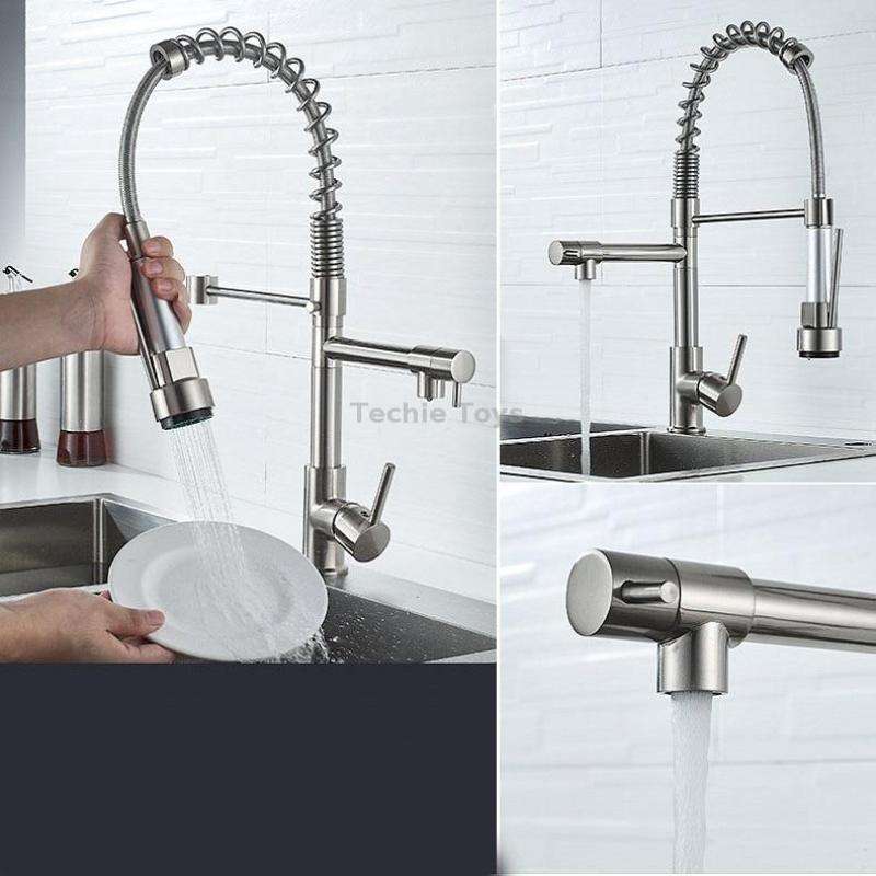 Copper And Nickel Brushed Double Outlet Spring Faucet Rotatable Kitchen Hot And Cold Water Faucet, S