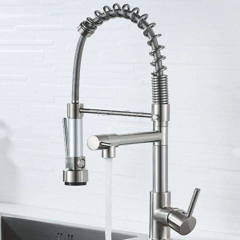 Copper And Nickel Brushed Double Outlet Spring Faucet Rotatable Kitchen Hot And Cold Water Faucet, S