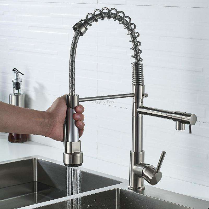 Copper And Nickel Brushed Double Outlet Spring Faucet Rotatable Kitchen Hot And Cold Water Faucet, S