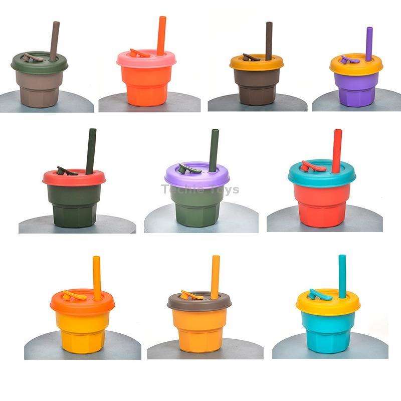 Children Silicone Straw Cups Drop And High Temperature Resistant Water Cups Brown Cup+Ink Green Cove