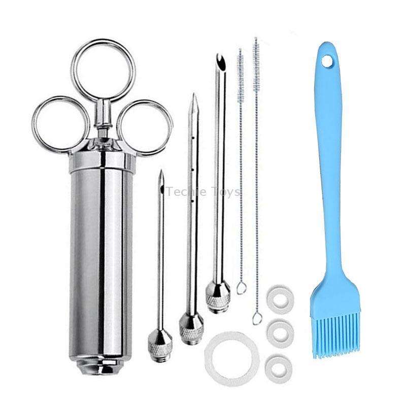 Stainless Steel Seasoning Steak Syringe Turkey Needle Set With Cleaning Silicone Brush(Blue)