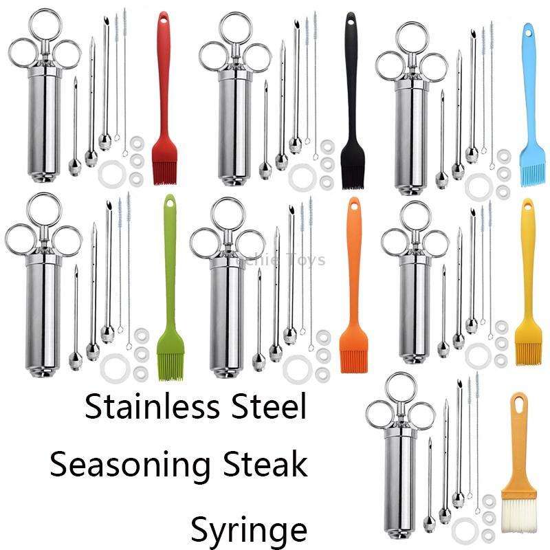 Stainless Steel Seasoning Steak Syringe Turkey Needle Set With Cleaning Silicone Brush(Blue)