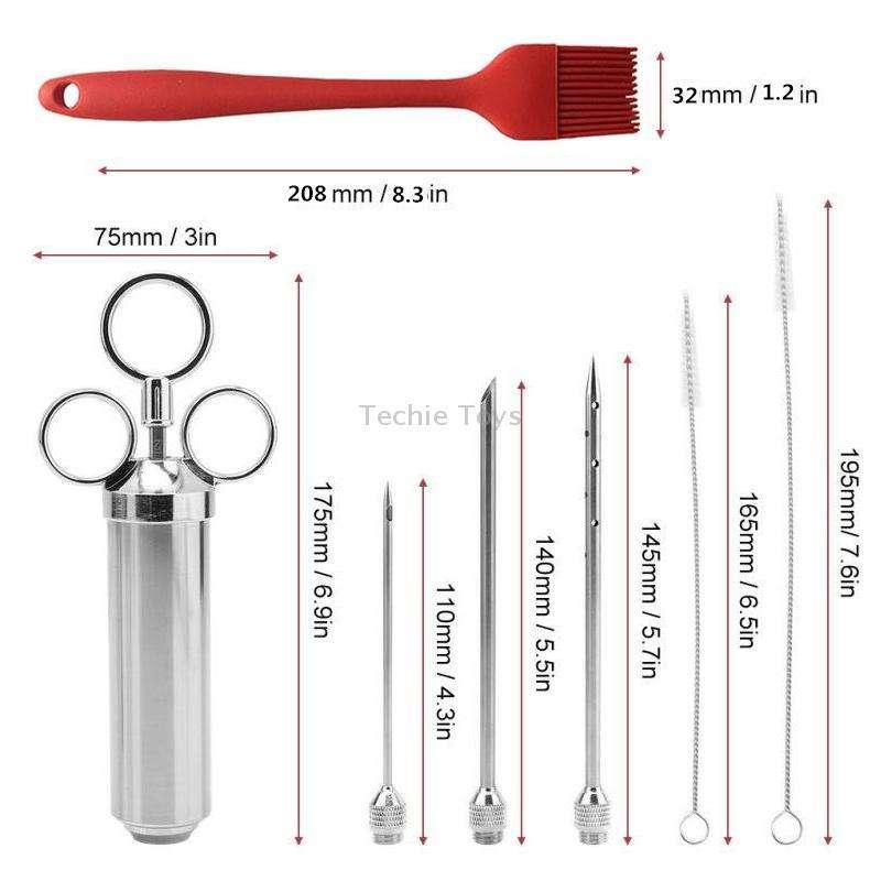 Stainless Steel Seasoning Steak Syringe Turkey Needle Set With Cleaning Silicone Brush(Blue)