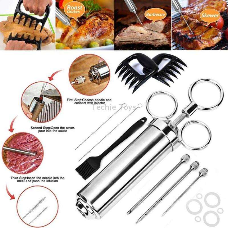 Stainless Steel Seasoning Steak Syringe Turkey Needle Set With Cleaning Silicone Brush(Blue)