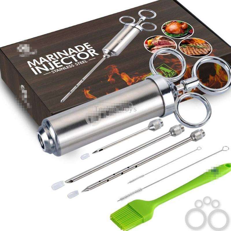 Stainless Steel Seasoning Steak Syringe Turkey Needle Set With Cleaning Silicone Brush(Blue)