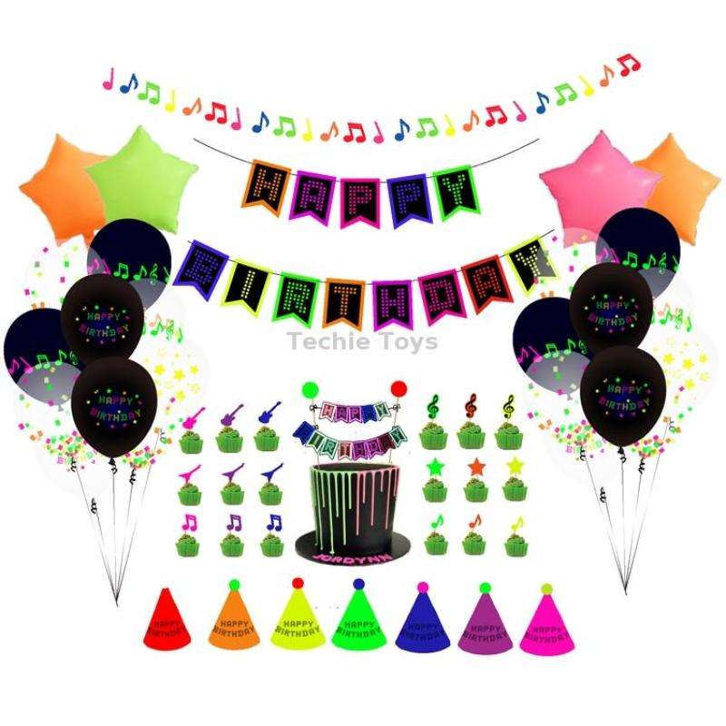 54 In 1 Fluorescent Party Decorations Fluorescent Letters Birthday Pull Flag Cake Insert Balloon Set