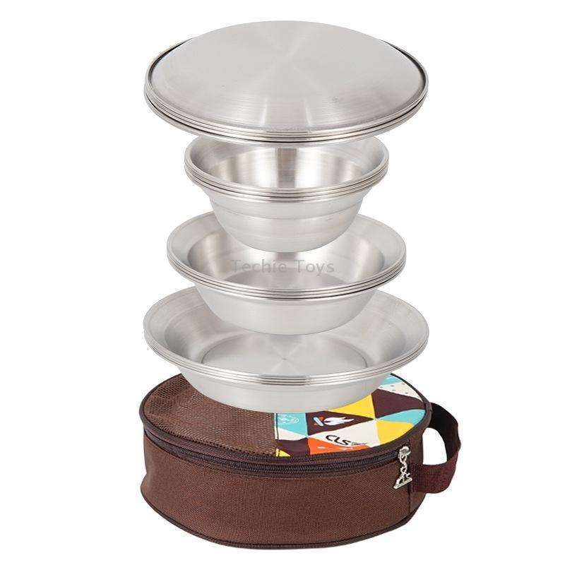 16 PCS / Set CLS Outdoor Stainless Steel Tableware Portable Camping Dinner Bowl Plate Kit