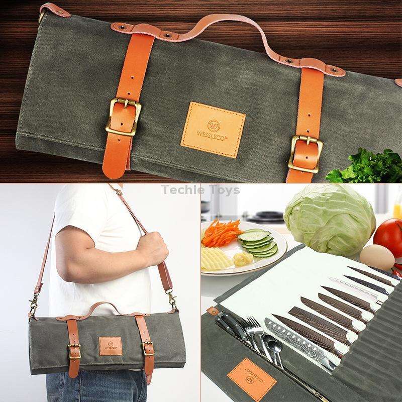 WESSLECO Canvas Roll Chef Knife Storage Bag(Army Green)