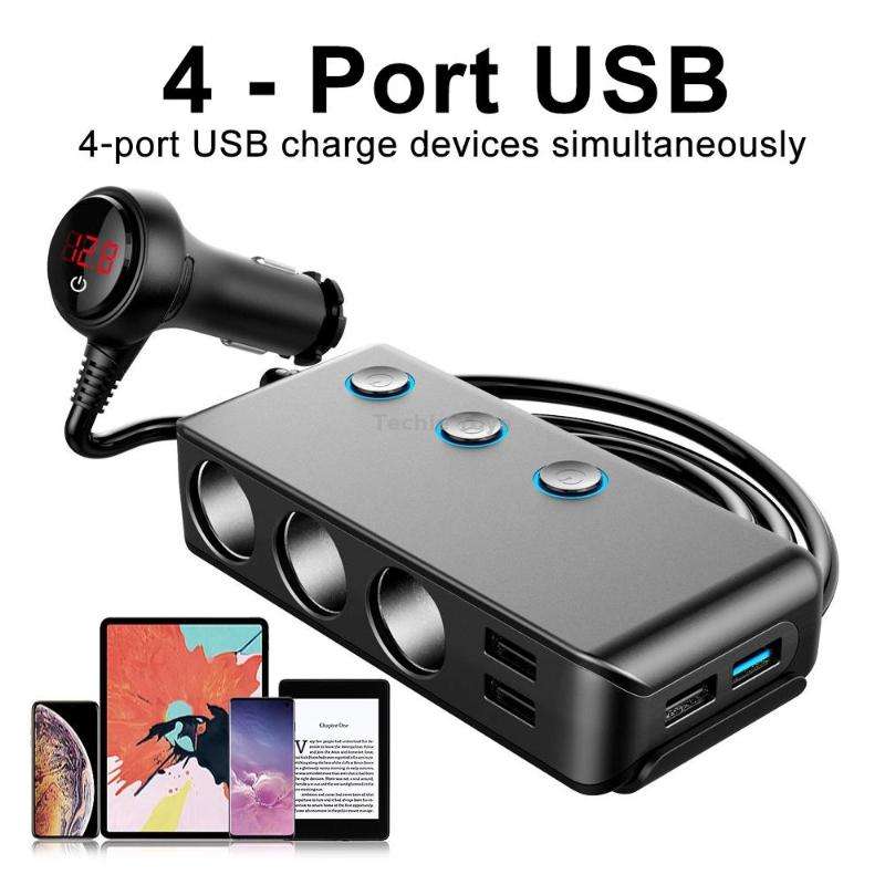 Car Cigarette Lighter Car Charger 3USB Port +1 QC3.0 + 3 Cigarette Lighter Ports + Back Clip Design