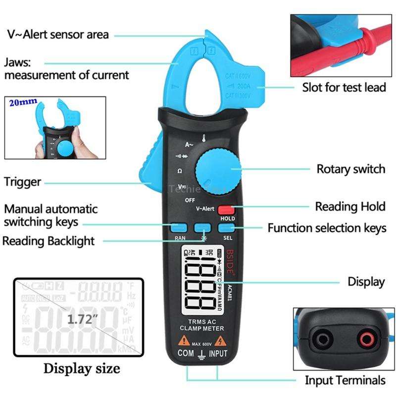 BSIDE ACM81 Digital Clamp Meter Auto-Rang 1mA Accuracy 200A Current DC AC Multimeter(Black)