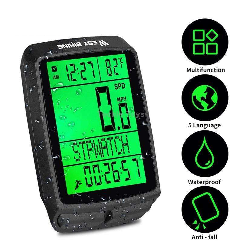 WEST BIKING 5 Languages Bicycle Waterproof Backlight Multifunction Wireless Odometer Speedometer(Bla