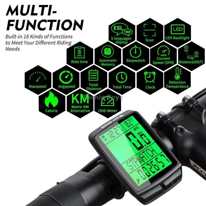 WEST BIKING 5 Languages Bicycle Waterproof Backlight Multifunction Wireless Odometer Speedometer(Bla