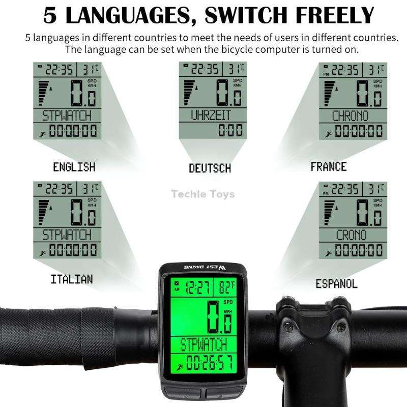 WEST BIKING 5 Languages Bicycle Waterproof Backlight Multifunction Wireless Odometer Speedometer(Bla