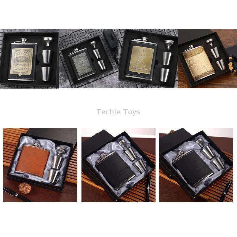 Portable Stainless Steel Hip Flask Set With Wine Glass Funnel, Style: 7OZ Black Leather Jack Gray