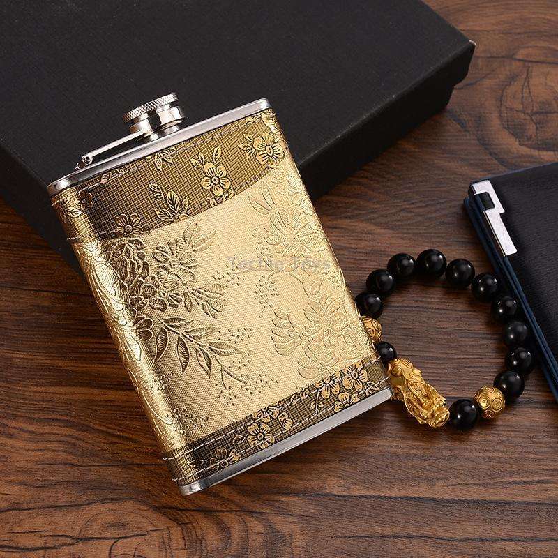Portable Stainless Steel Hip Flask Set With Wine Glass Funnel, Style: 7OZ Black Leather Jack Gray