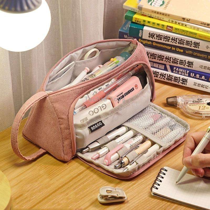 Angoo Student Large-Capacity Stationery Bag Portable Gift Cosmetic Bag(Bean Pink Corduroy)