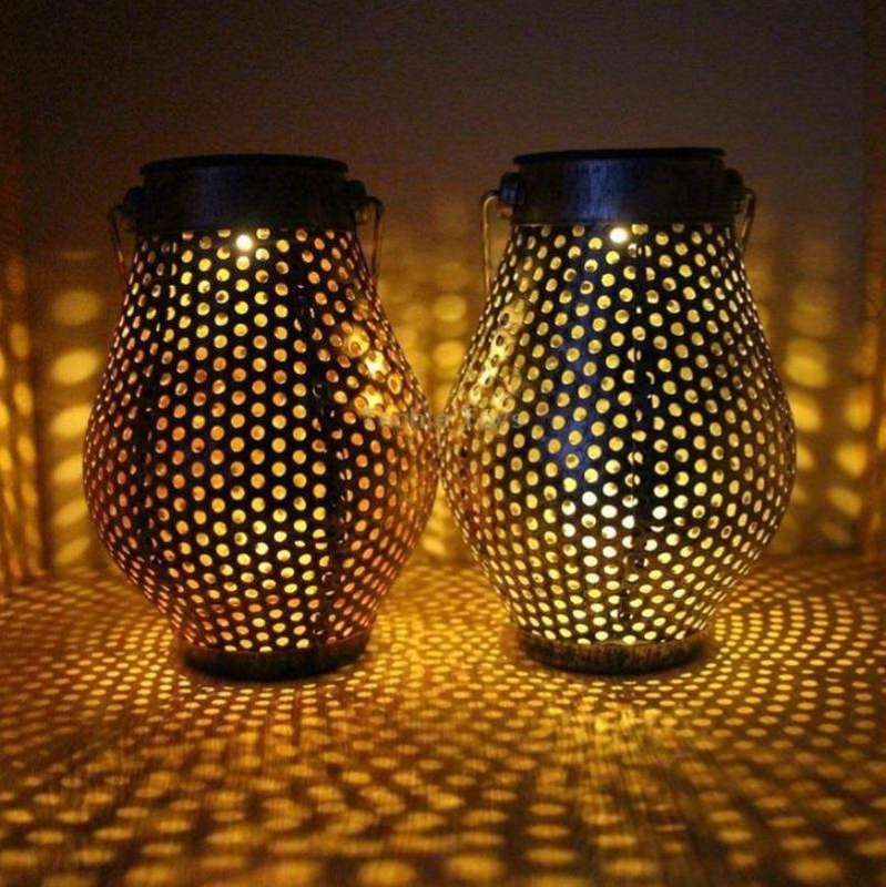 Outdoor Courtyard Wrought Iron LED Solar Portable Hollow Lantern(Copper)