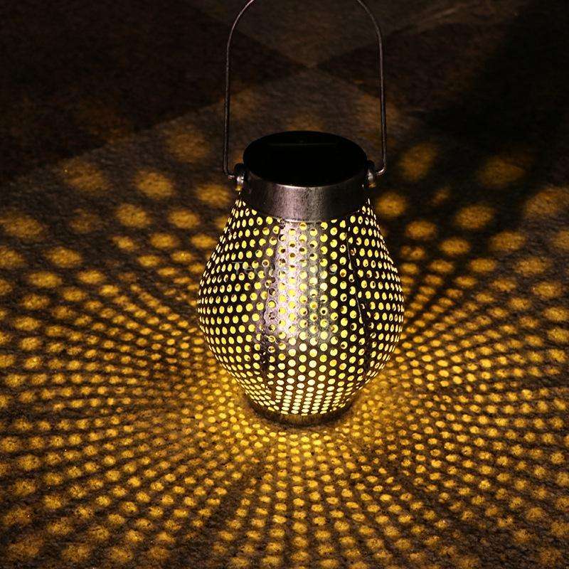Outdoor Courtyard Wrought Iron LED Solar Portable Hollow Lantern(Copper)