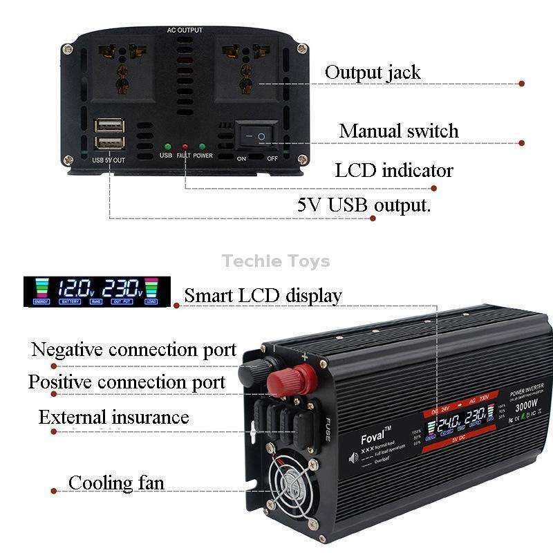 3000W LCD Smart Home Car Inverter 12V To 220V Power Converter