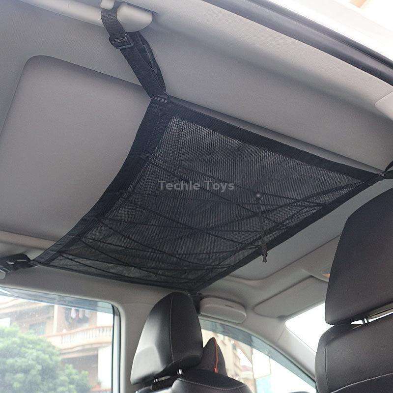 Car Ceiling Storage Net Bag Draw Rope Double-Layer Zipper Car Storage Net Pocket(80x55cm)
