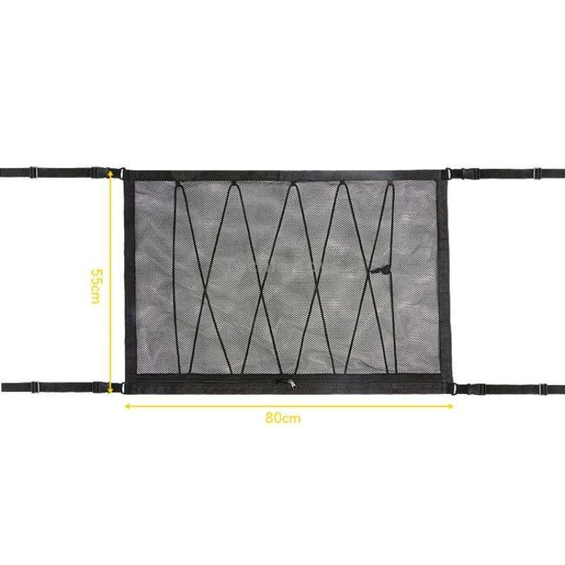 Car Ceiling Storage Net Bag Draw Rope Double-Layer Zipper Car Storage Net Pocket(80x55cm)