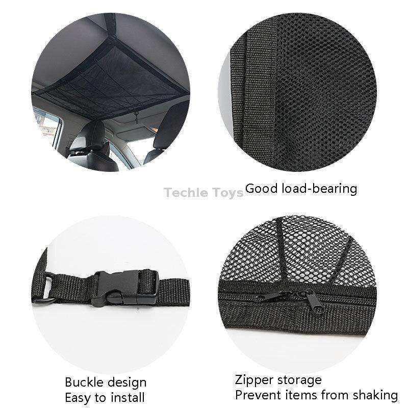 Car Ceiling Storage Net Bag Draw Rope Double-Layer Zipper Car Storage Net Pocket(80x55cm)