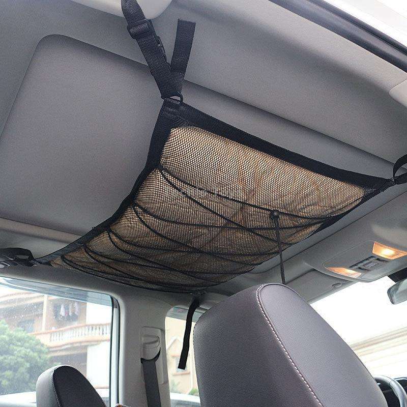 Car Ceiling Storage Net Bag Draw Rope Double-Layer Zipper Car Storage Net Pocket(80x55cm)