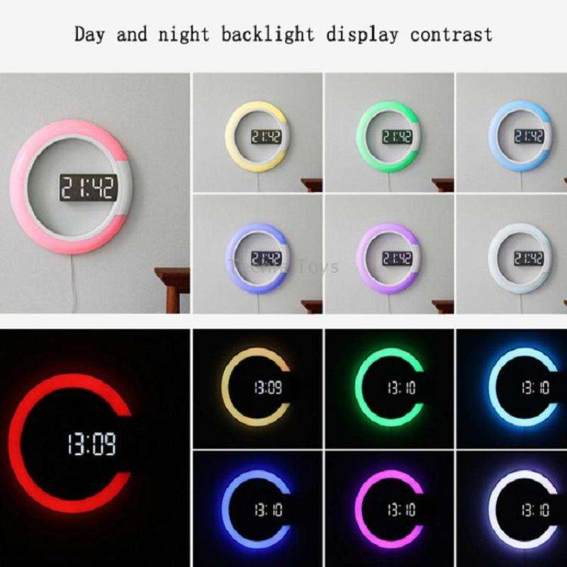 LED Mirror Hollow Wall Clock 7-color Switch Electronic Digital Display Wall Clock(White)