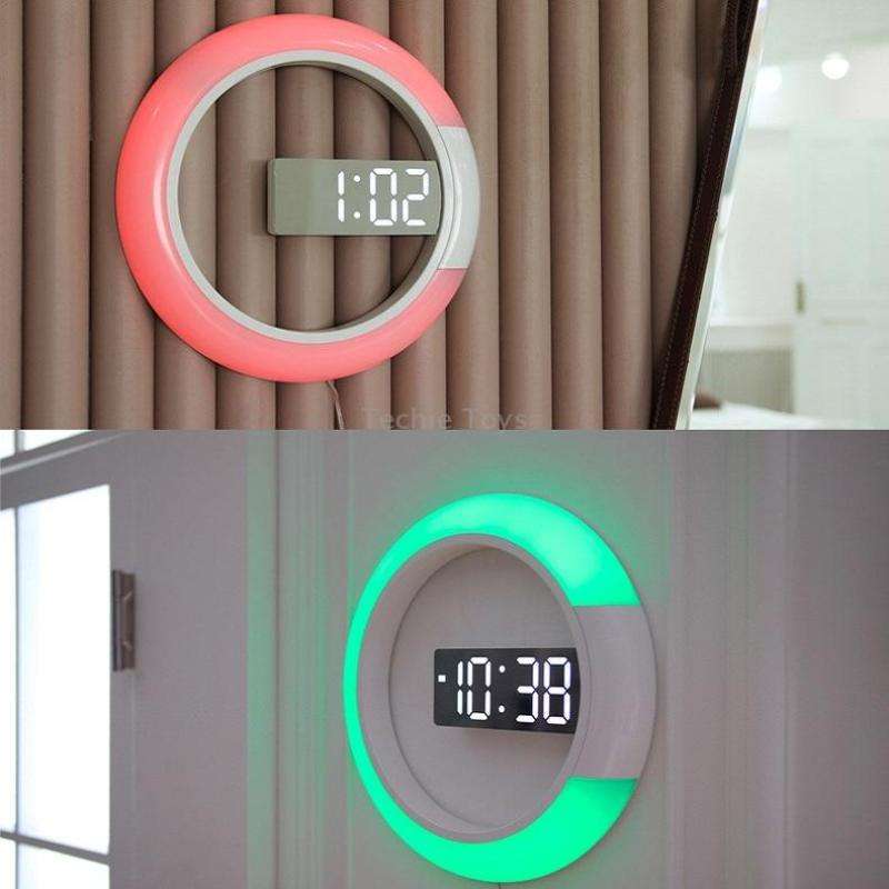 LED Mirror Hollow Wall Clock 7-color Switch Electronic Digital Display Wall Clock(White)