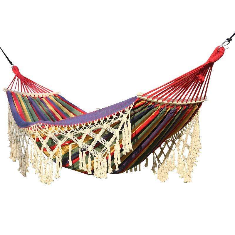 200x150cm Double Outdoor Camping Tassel Canvas Hammock with Stick(Pink Stripes)