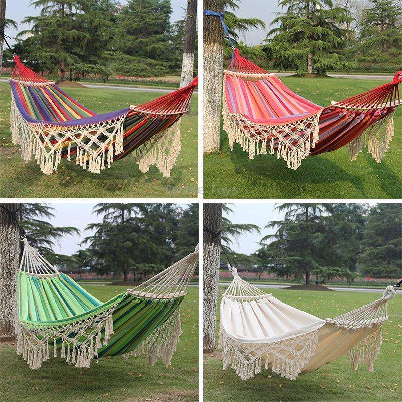 200x150cm Double Outdoor Camping Tassel Canvas Hammock with Stick(Pink Stripes)